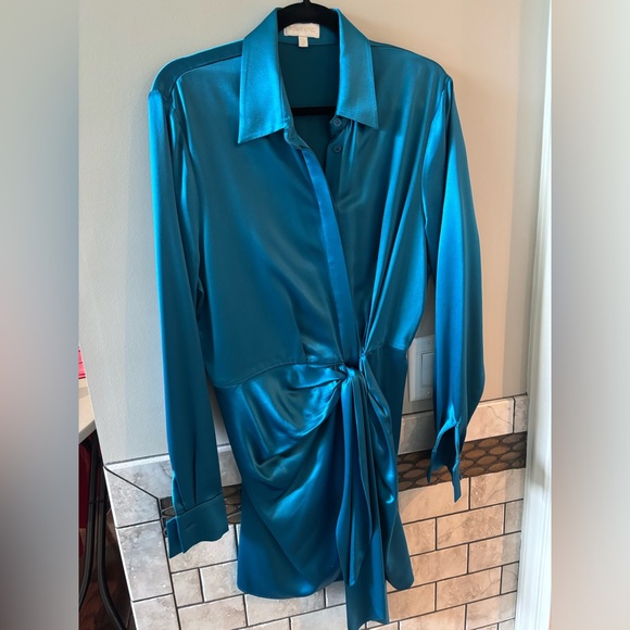 Ronny Kobo Collection Turquoise Satin Long Sleeve Dress - Picture 1 of 4